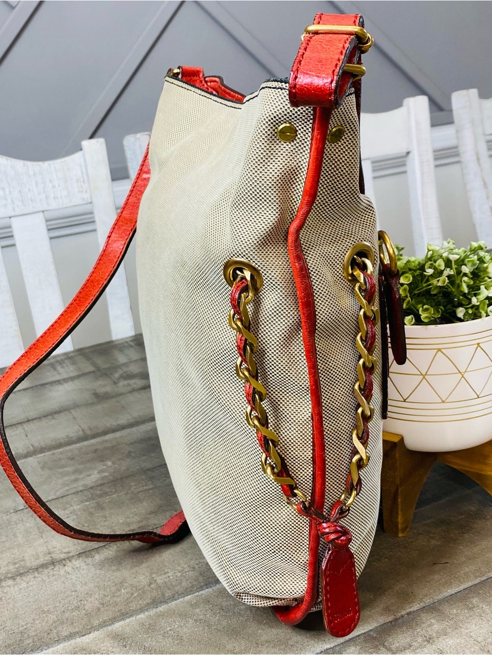 Vintage Chloé Harley Canvas Leather Crossbody Shoulder Bag Beige Red Y2K Phoebe - Picture 9 of 15